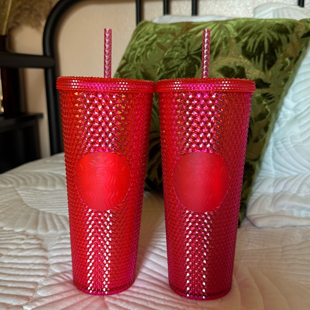 Starbucks 2019 holiday neon pink studded cups. 2 available, both NWT